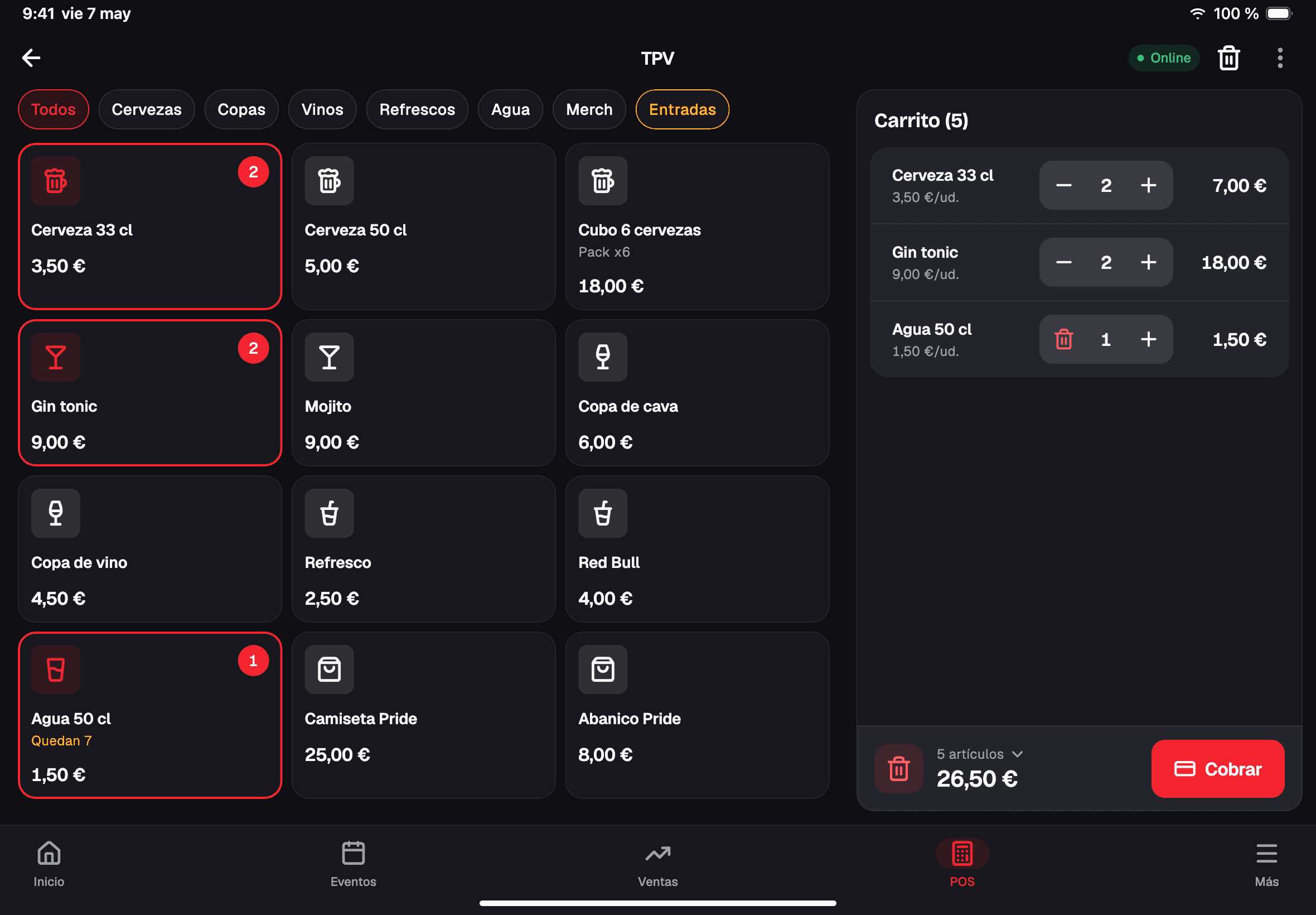 TPV de Ticketoke Ops en un iPad: la rejilla de la barra del Pride y el carrito listo para cobrar