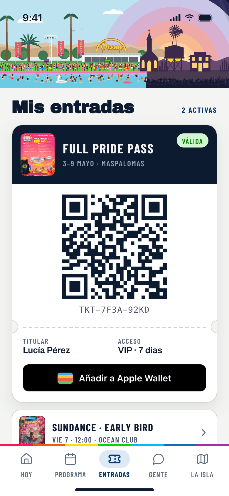 Mis entradas en la app de Maspalomas Pride by Freedom: el abono con su código QR y el botón de Apple Wallet