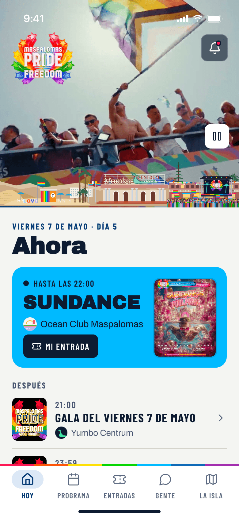 Inicio de la app de Maspalomas Pride by Freedom, con el estilo de su web: la fiesta que está sonando ahora y lo que viene después