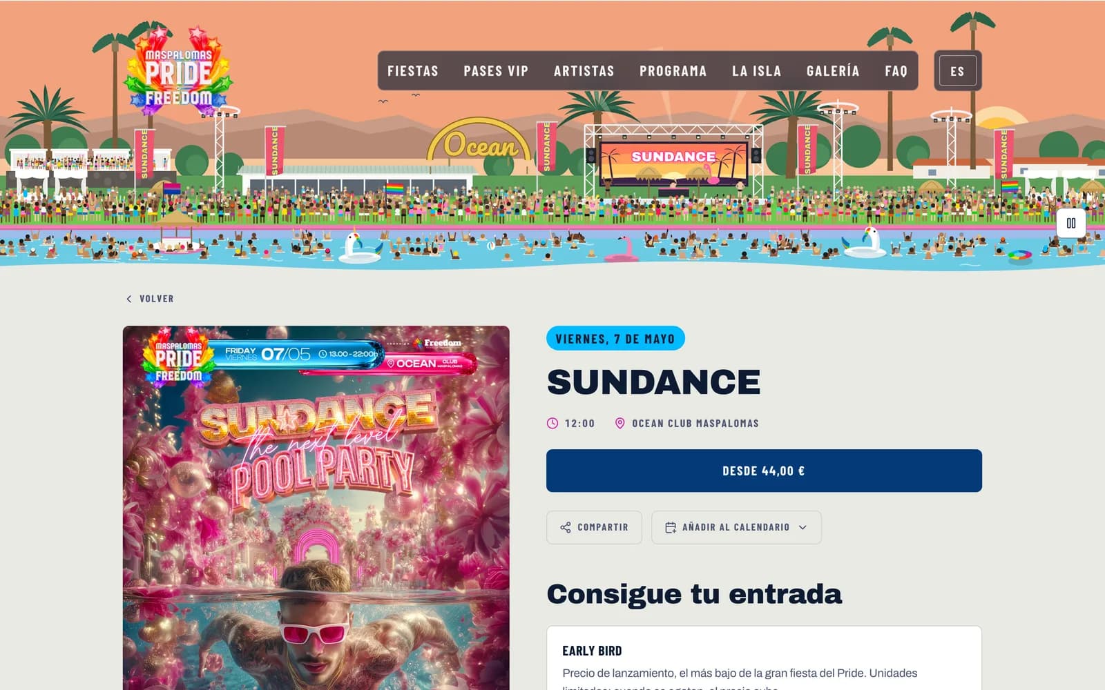 Ficha de la Sundance en pridebyfreedom.com: la banda ilustrada del Ocean Club, el cartel de la fiesta y la compra de entradas